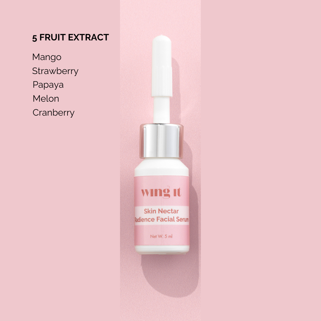 Small serum on a pink background with 5 ingredients next to it.