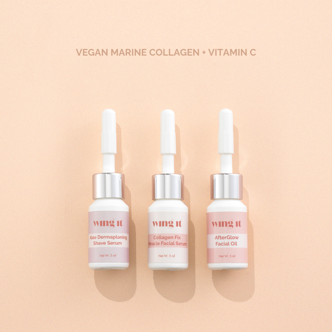 Wing It Facial Products including Aloe Shave serum, collagen fix serum and afterglow facial oil