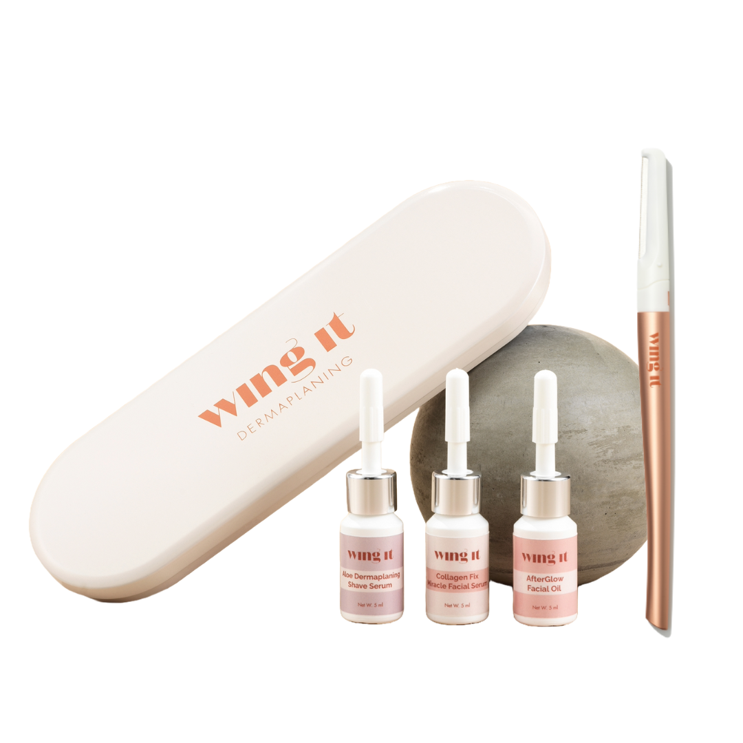 Collagen Fix Dermaplaning Facial Starter Kit. With tin, wing it dermaplaning razor and 3 facial products