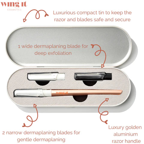 Open dermaplaning tin with razor and blades inside and annotation on the tin