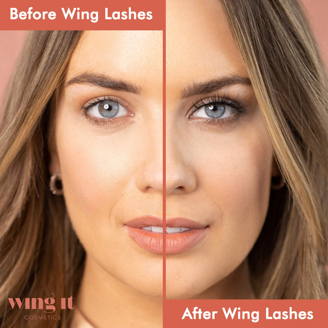 Before and after model wearing wing it cosmetics black false eyelashes