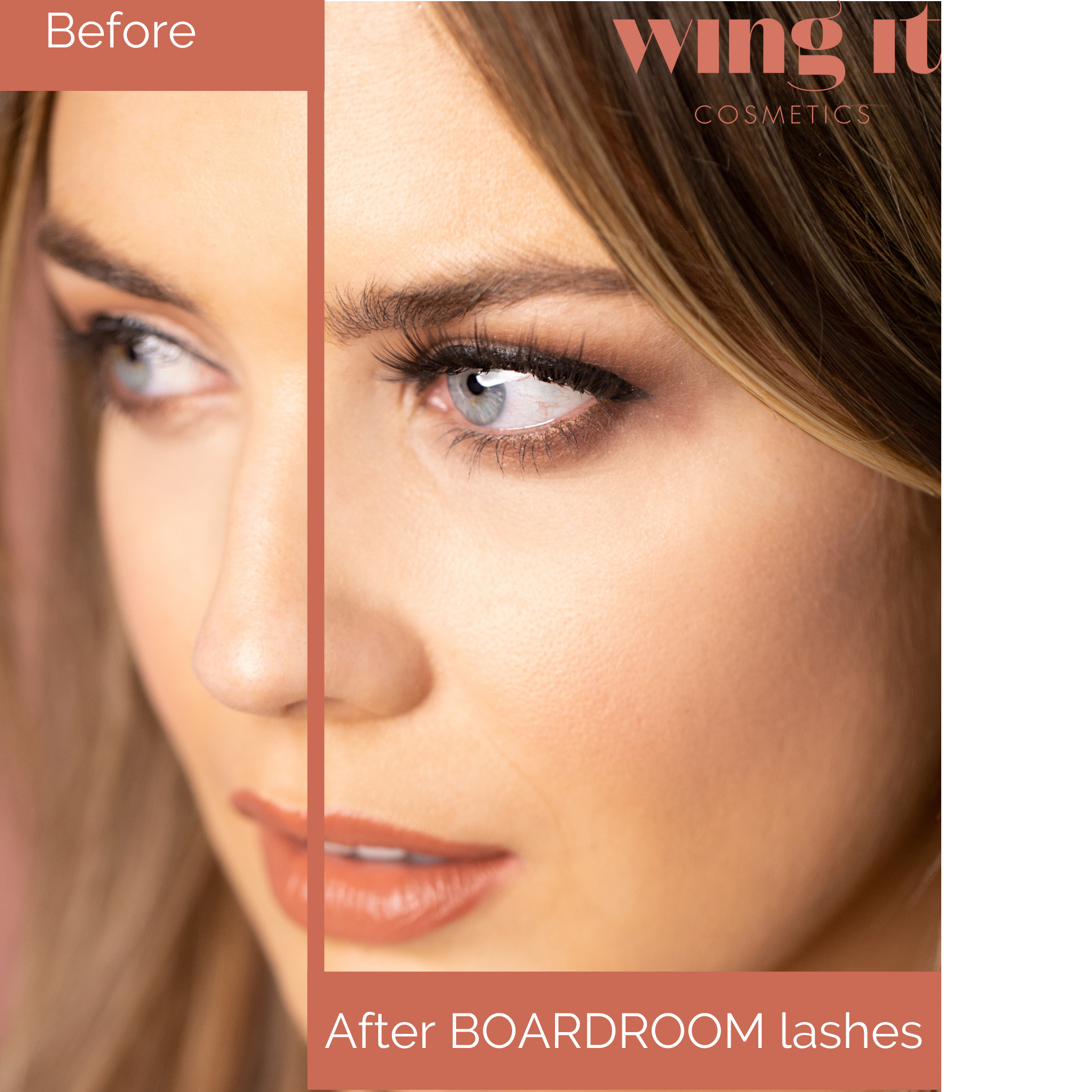 Before and after Wing It Cosmetics boardroom silk system false eyelashes