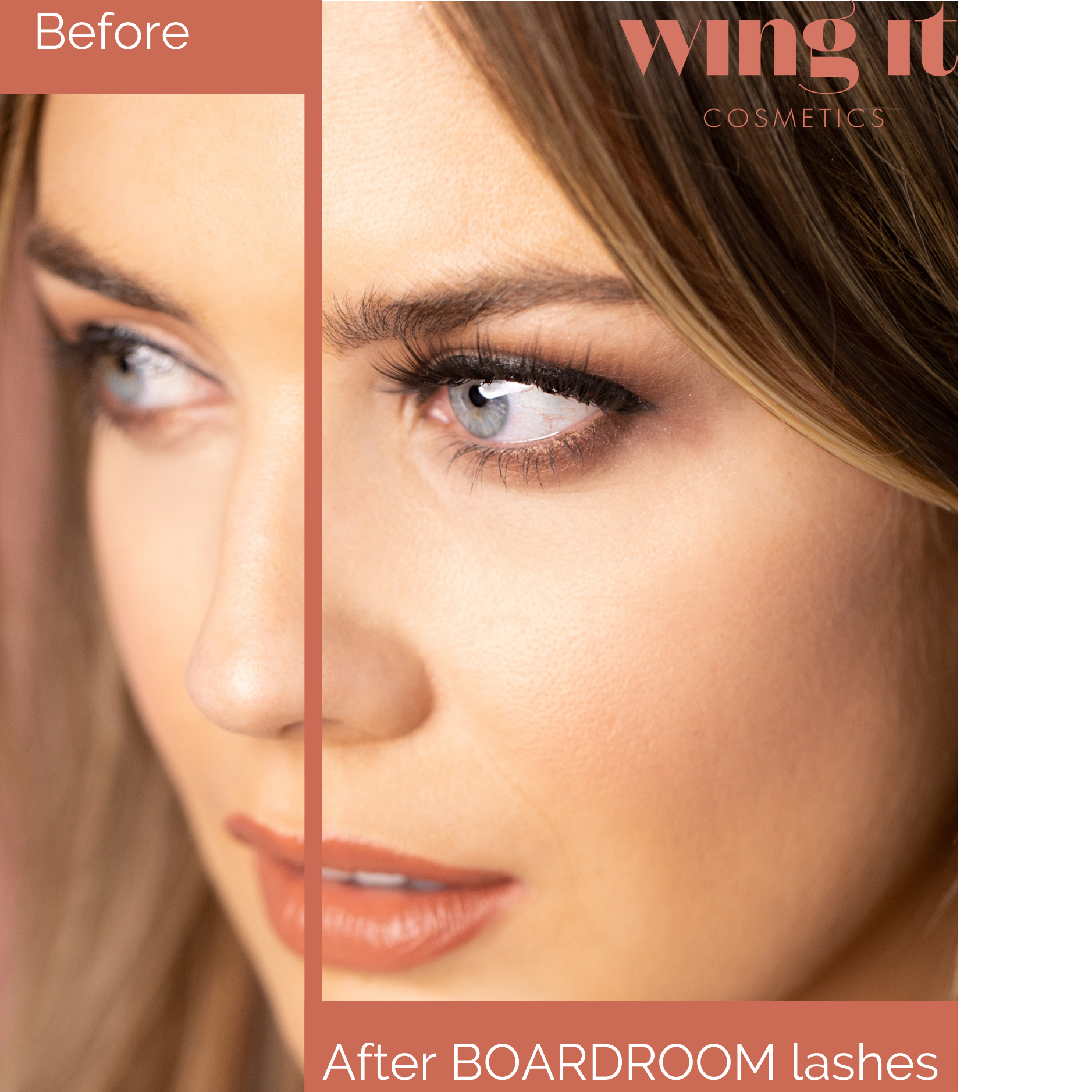 Wing It cosmetics before and after false eyelashes