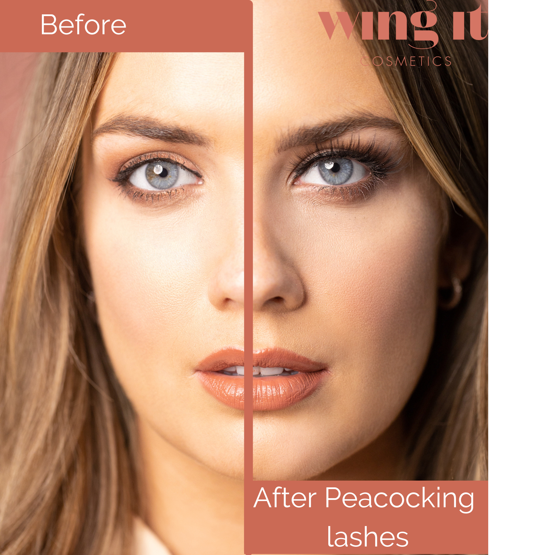 Before and after image of model wearing wing it cosmetics false eyelashes