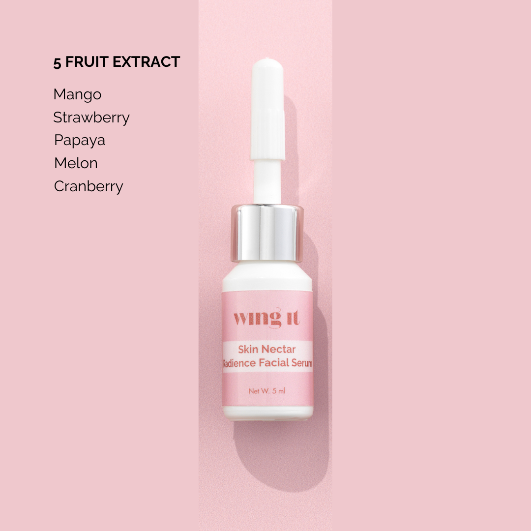 Small serum on a pink background with 5 ingredients next to it. 