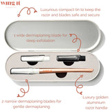 Open dermaplaning tin with razor and blades inside and annotation on the tin
