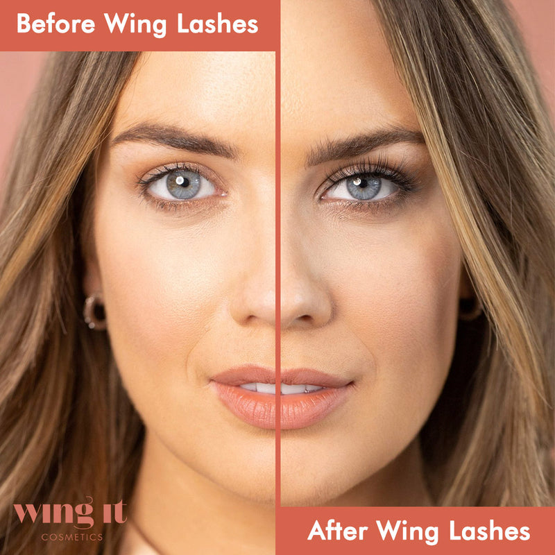 Before and after model wearing wing it cosmetics black false eyelashes