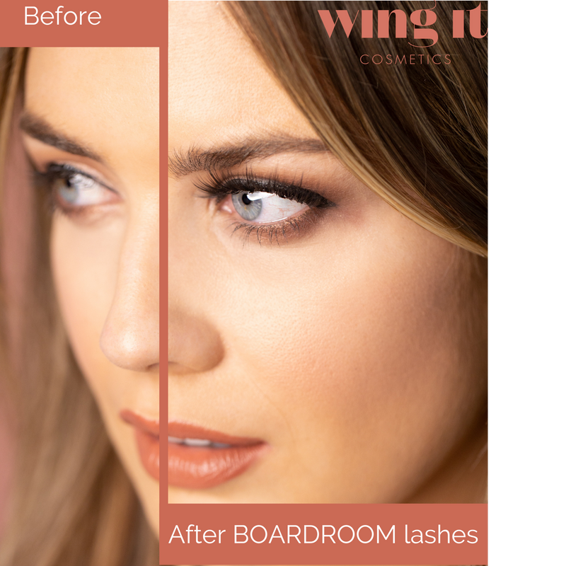 Before and after Wing It Cosmetics boardroom silk system false  eyelashes 