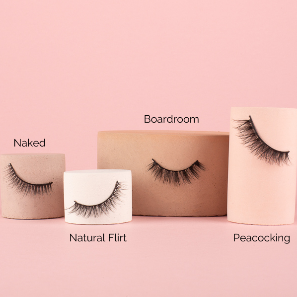 four different silk system false lash styles. Naked, Boardroom, Natural Flirt, Peacocking. 